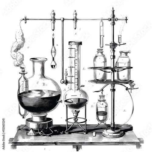 Wallpaper Mural Vintage chemistry lab setup with glassware and apparatus, black and white illustration.
 Torontodigital.ca