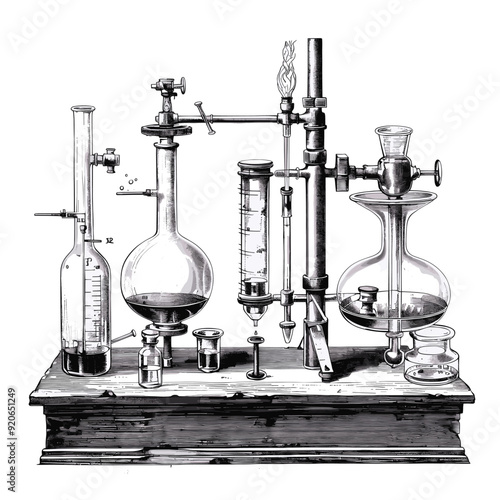 Vintage chemistry lab setup with glassware and apparatus, black and white illustration.

