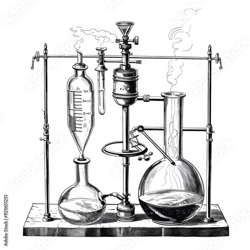 Wallpaper Mural Vintage chemistry lab setup with glassware and apparatus, black and white illustration.
 Torontodigital.ca