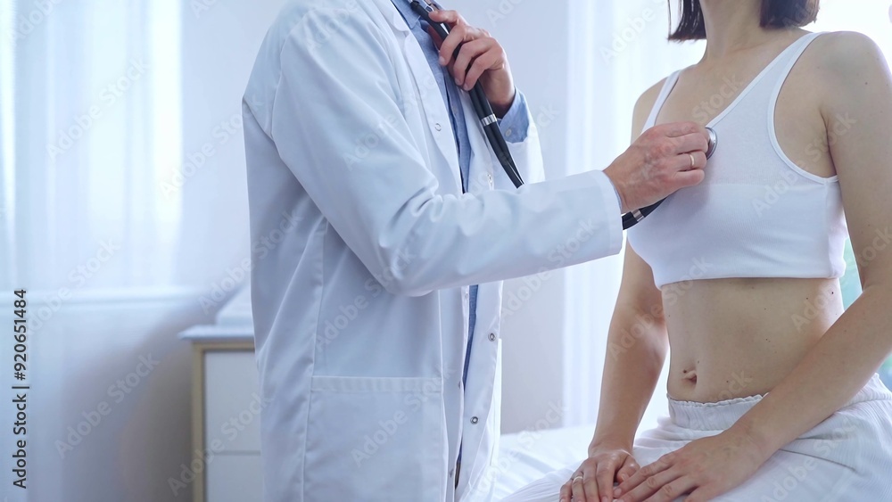 Fototapeta premium Doctor and patient. Physician is using stethoscope examining woman lungs in clinic cabinet. Medicine and health care