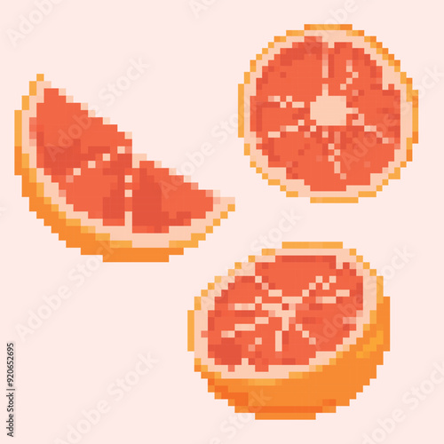 Pixel art illustration featuring a grapefruit slice and two halved grapefruits on a soft pink background. Ideal for retro-inspired designs, digital art, and citrus-themed projects