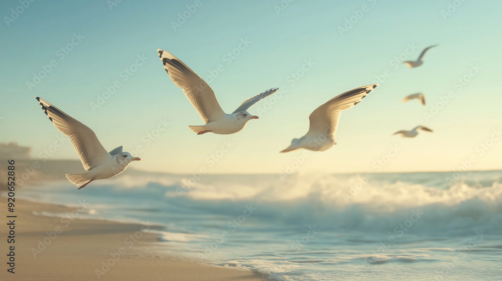 Naklejka premium A flock of seagulls soaring above the shoreline, with waves crashing in the background, representing the coastal environment