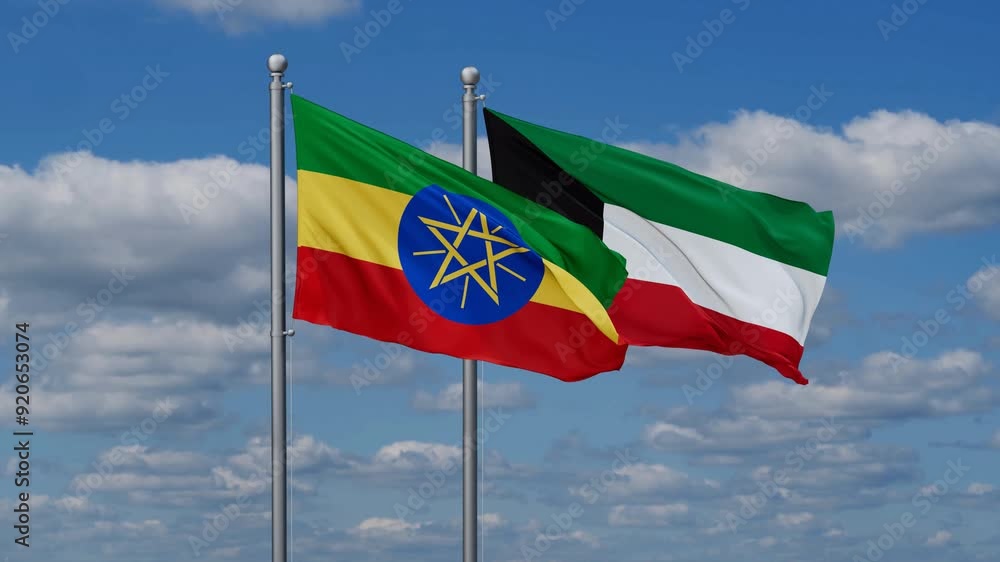 Kuwait and Ethiopia flags flying together, video concept of the relationship, two country cooperation concept Kuwait and Ethiopia flags flying together, video concept of the relationship, two country cooperation concept