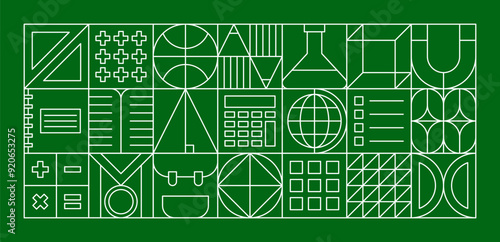 School education modern geometric pattern. Vector green background with abstract line shapes in square tiles. Outline book, pencil, student bag and globe, math symbols, calculator and flask pattern