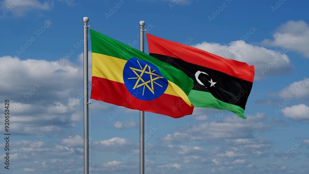 Libya and Ethiopia flags flying together, video concept of the relationship, two country cooperation concept Libya and Ethiopia flags flying together, video concept of the relationship, two country cooperation concept