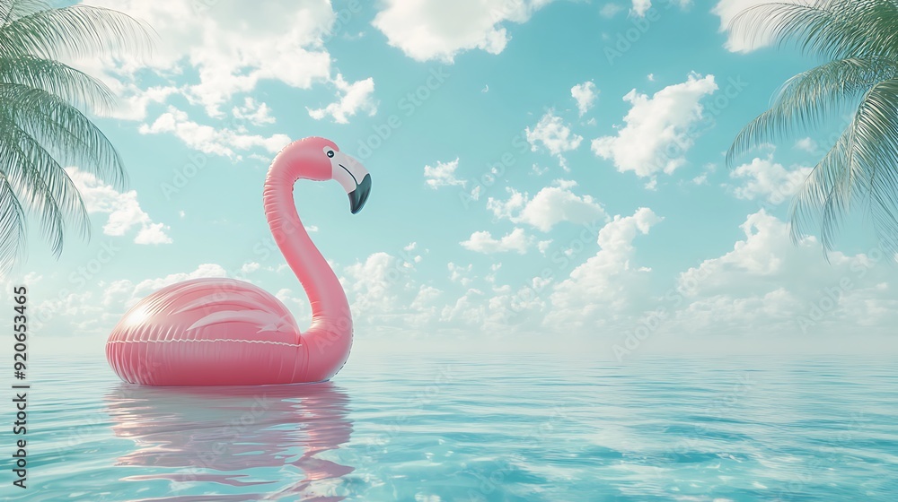 Fototapeta premium Pink Flamingo Inflatable Floating on Calm Ocean Water