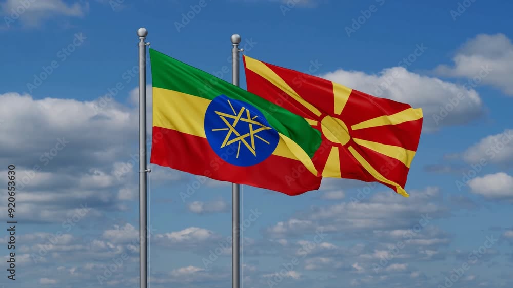 Ethiopia and North Macedonia flags flying together, video concept of the relationship Ethiopia and North Macedonia flags flying together, video concept of the relationship
