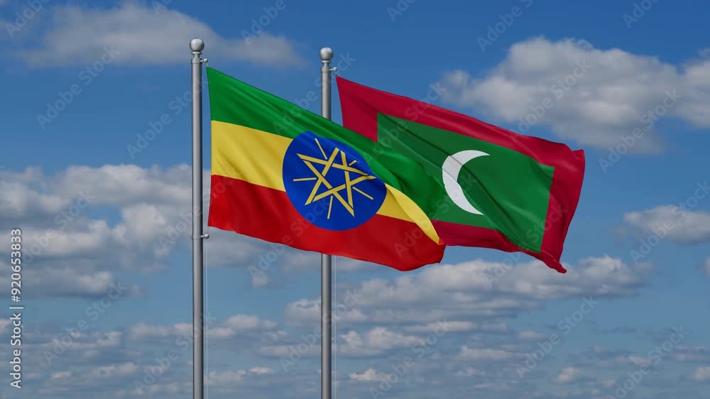 Maldives and Ethiopia flags flying together, video concept of the relationship, two country relations concept Maldives and Ethiopia flags flying together, video concept of the relationship, two country relations concept
