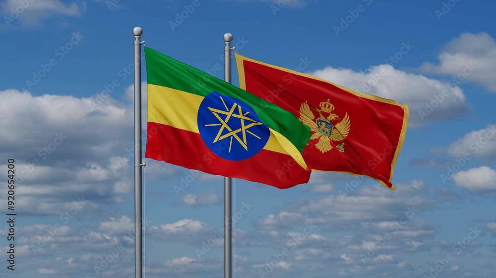 Montenegro and Ethiopia flags flying together, video concept of the relationship, two country cooperation concept Montenegro and Ethiopia flags flying together, video concept of the relationship, two country cooperation concept