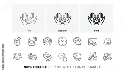 Alarm clock, timer plan and project deadline signs. Time management line icons. Countdown clock and appointment reminder icons. Linear set. Line icons set. Vector
