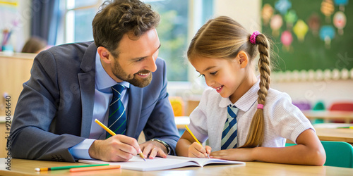 A male teacher helps a young girl with her studies in a classroom setting, symbolizing education, learning, mentorship, and positive student-teacher relationships