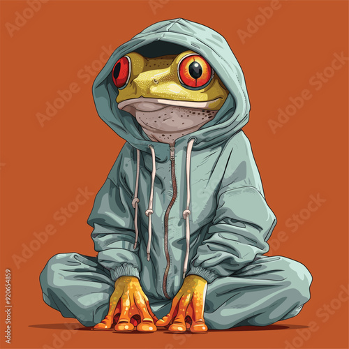 Cartoon-style frog wearing a tracksuit, combining human and amphibian features.
