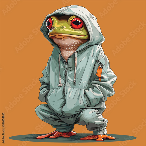 Cartoon-style frog wearing a tracksuit, combining human and amphibian features.
