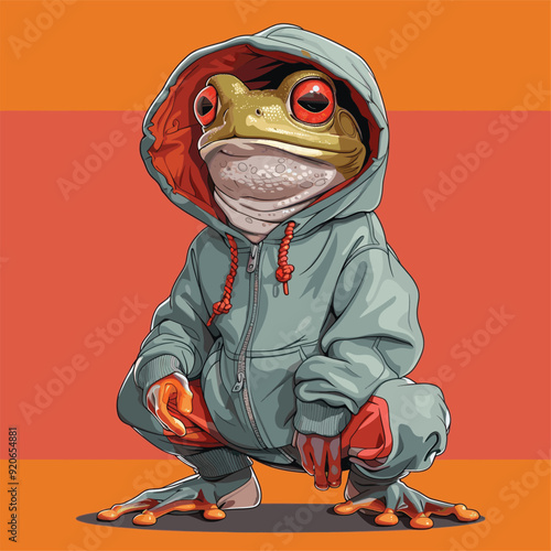 Cartoon-style frog wearing a tracksuit, combining human and amphibian features.
