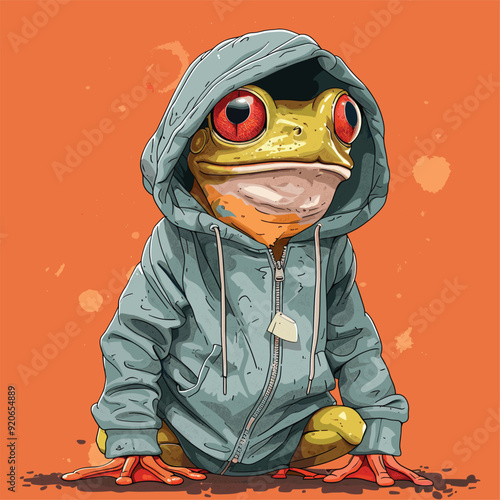 Cartoon-style frog wearing a tracksuit, combining human and amphibian features.
