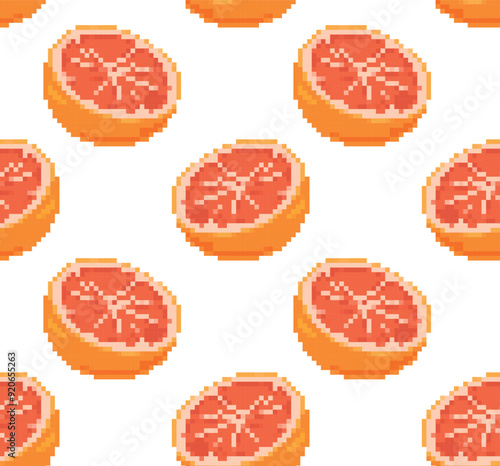Seamless pixel art pattern featuring halved grapefruits on a white background. Perfect for digital designs, textiles, and packaging, adding a fresh and vibrant touch to any project