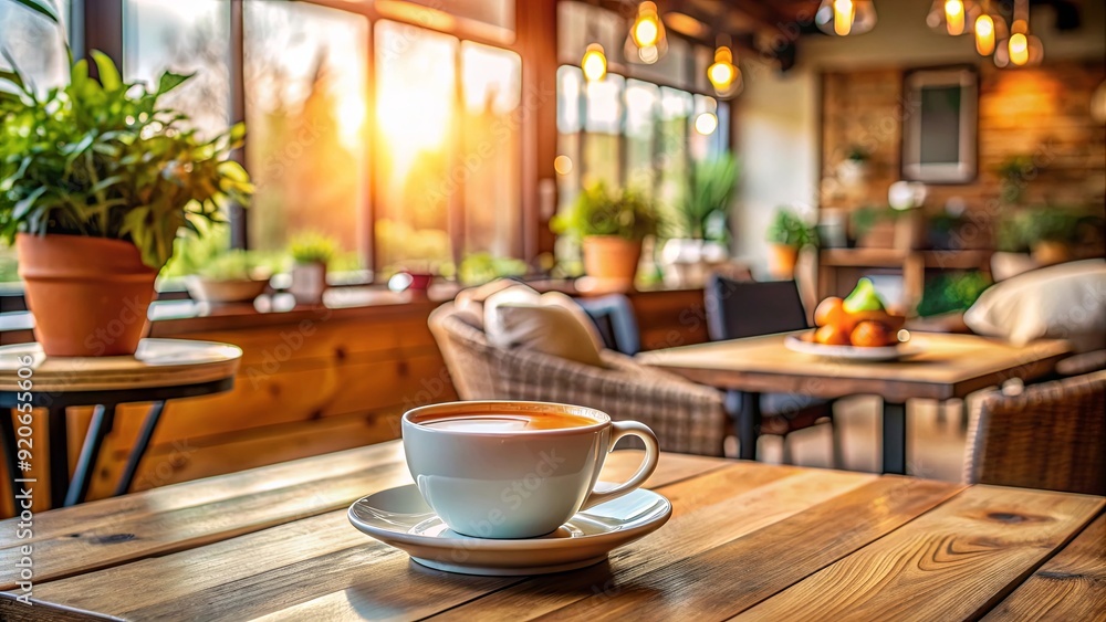 A cozy cafe setting with a cup of breakfast tea on the table A cozy cafe setting with a cup of breakfast tea on the table