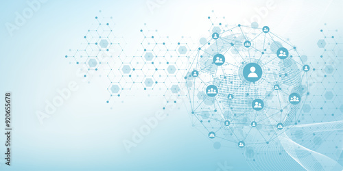 Global network connection concept. Big data visualization. Social network communication in the global computer networks. Internet technology. Business. Science. Vector illustration