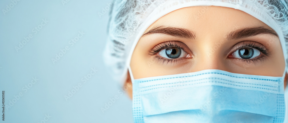 Healthcare professional with blue eyes, wearing a protective face mask and hairnet, conveying dedication and care within a clinical environment. Healthcare professional with blue eyes, wearing a protective face mask and hairnet, conveying dedication and care within a clinical environment.