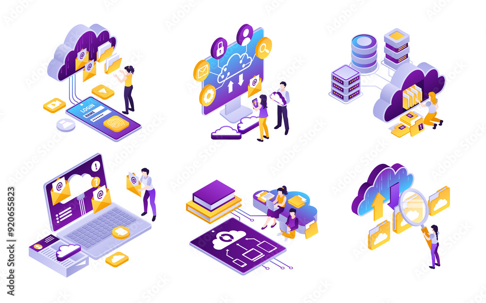 Fototapeta premium Cloud computing services elements in isometric style
