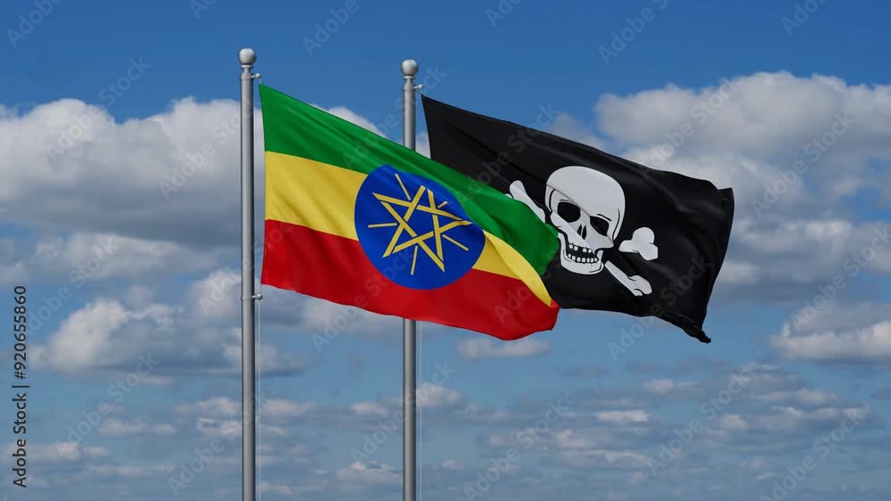 Ethiopia and Jolly Roger or pirate flags flying together, video concept of the relationship Ethiopia and Jolly Roger or pirate flags flying together, video concept of the relationship