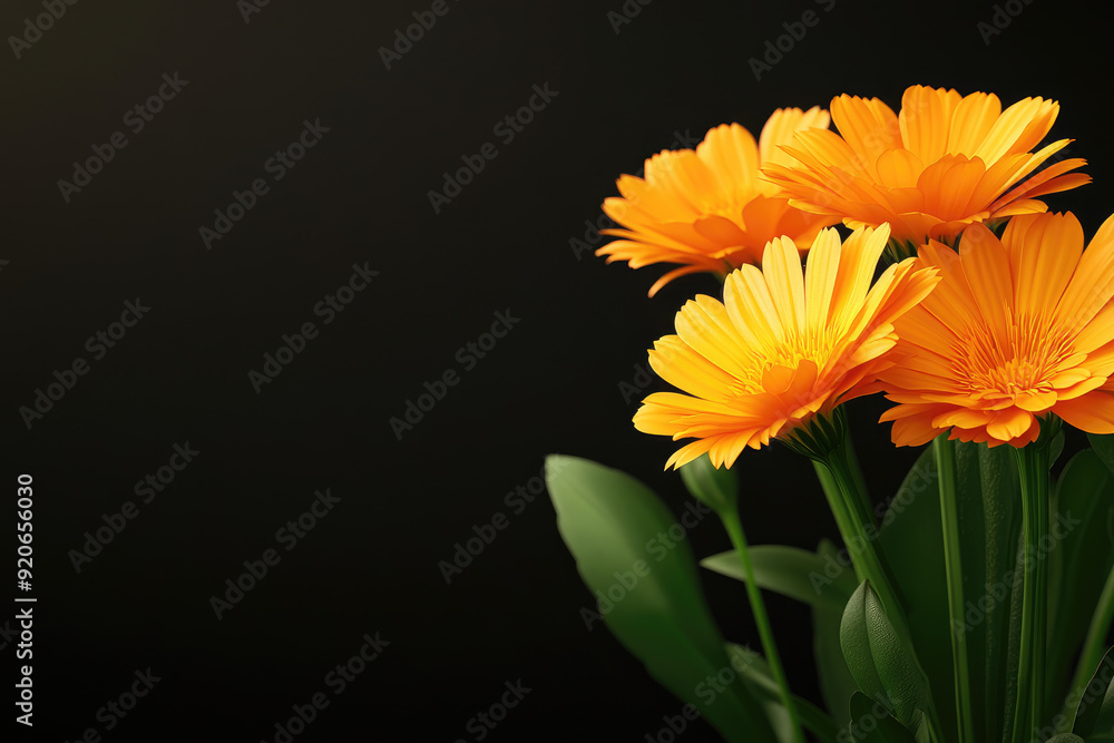 Vibrant orange blossoms surrounded by lush green leaves, set against a dark backdrop, radiating warmth and cheerfulness, symbolizing joy and beauty in nature. Vibrant orange blossoms surrounded by lush green leaves, set against a dark backdrop, radiating warmth and cheerfulness, symbolizing joy and beauty in nature.