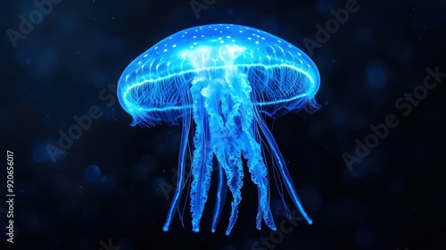 Stunning Close-Up of a Glowing Blue Jellyfish in the Deep Ocean with Bioluminescent Tentacles and a Dark Background