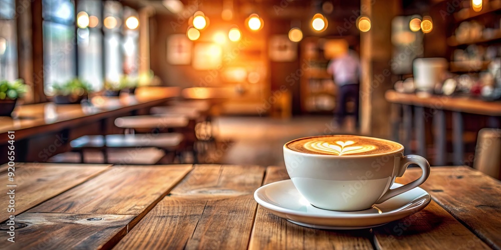 Latte cup sitting on a rustic wooden table with a blurred coffee shop background Latte cup sitting on a rustic wooden table with a blurred coffee shop background