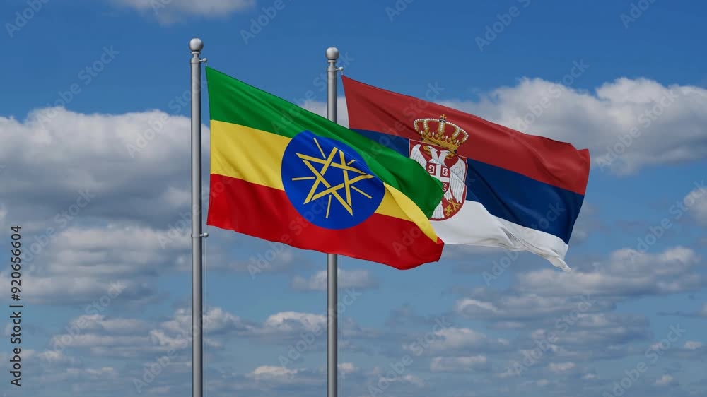 Republic of Serbia and Ethiopia flags flying together, video concept of the relationship, two country cooperation concept Republic of Serbia and Ethiopia flags flying together, video concept of the relationship, two country cooperation concept