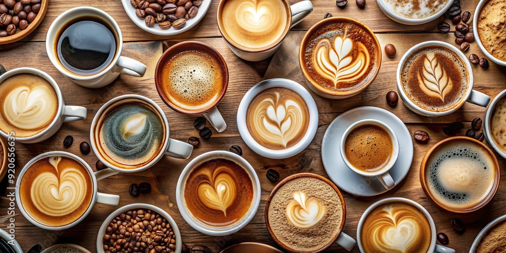 Top view collection of various coffee cup assortments including espresso, latte, cappuccino, and more Top view collection of various coffee cup assortments including espresso, latte, cappuccino, and more
