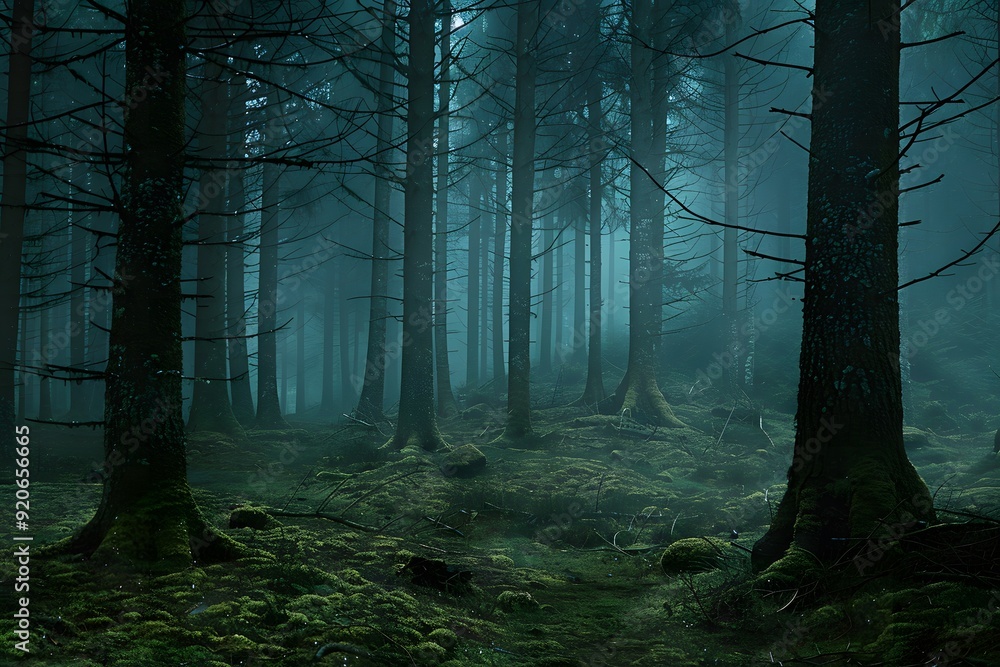 Fototapeta premium Overcast and Gloomy Rainy Day in a Foggy, Primal Forest