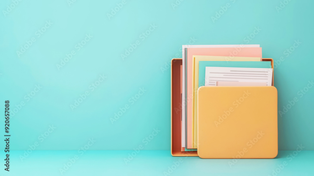 © Piya W. - Colorful folders and papers arranged neatly against a turquoise background, perfect for office or organization themes.