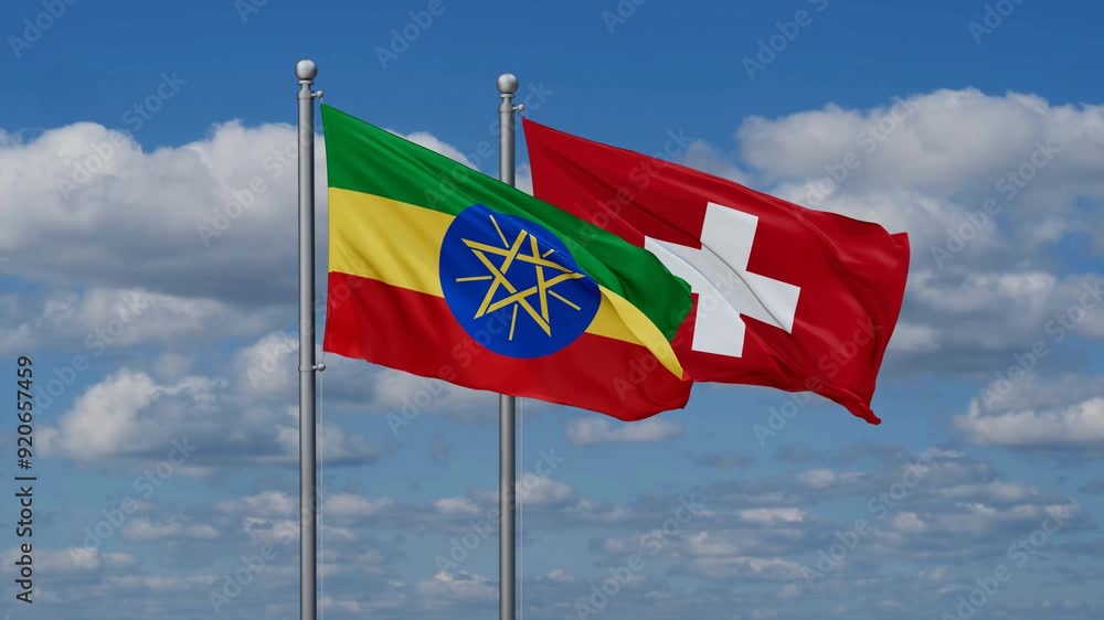 Switzerland and Ethiopia flags flying together, video concept of the relationship, two country cooperation concept Switzerland and Ethiopia flags flying together, video concept of the relationship, two country cooperation concept