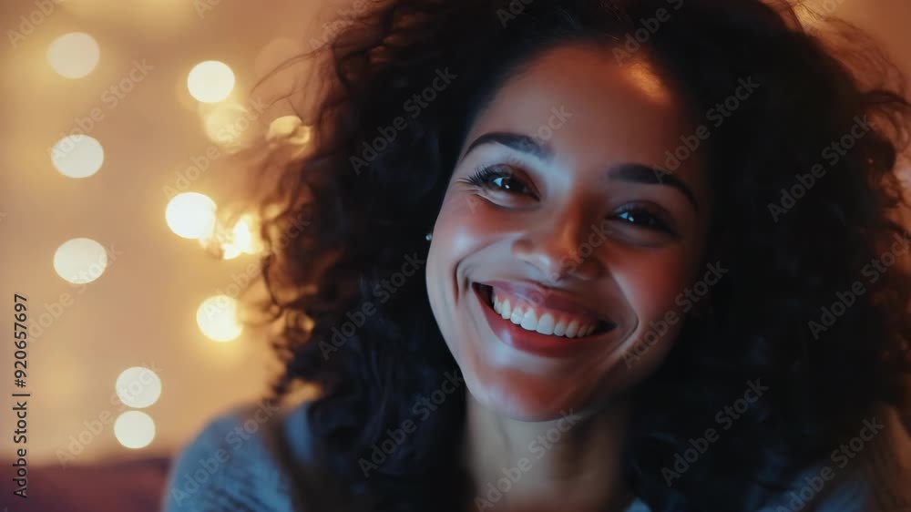 Smiling woman enjoying a cozy evening at home surrounded by warm lights Smiling woman enjoying a cozy evening at home surrounded by warm lights