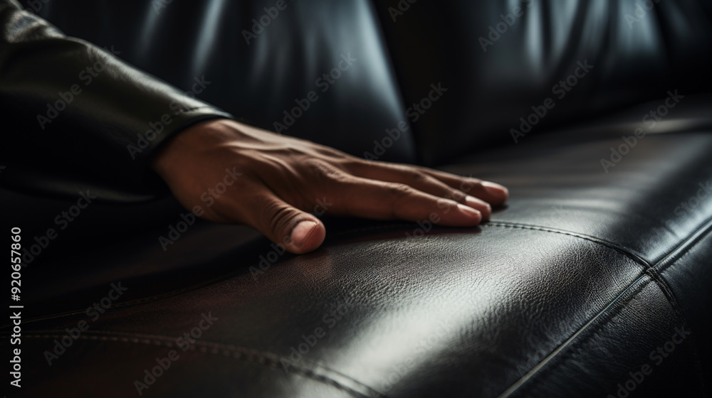 Fototapeta premium Close-Up of Hand on Luxurious Black Leather Sofa