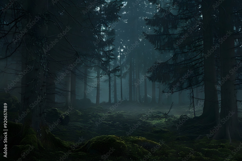 Fototapeta premium Overcast and Gloomy Rainy Day in a Foggy, Primal Forest