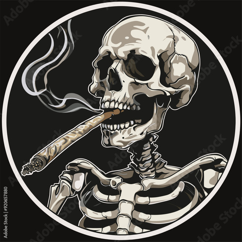 Fotografia Skeleton smoking a blunt with smoke curling up, in a circular black and white icon