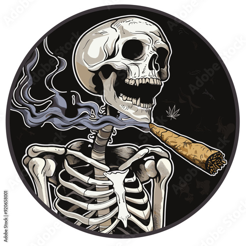 Skeleton smoking a blunt with smoke curling up, in a circular black and white icon.
 photo