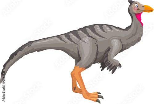 Pelecanimimus prehistoric dinosaur. Isolated cartoon vector bird-like dino predator with grey plumage, elongated neck with a pink throat pouch and sharp, orange beak, slender legs with sharp claws photo