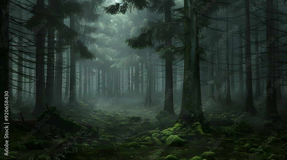 Obraz premium Overcast and Gloomy Rainy Day in a Foggy, Primal Forest