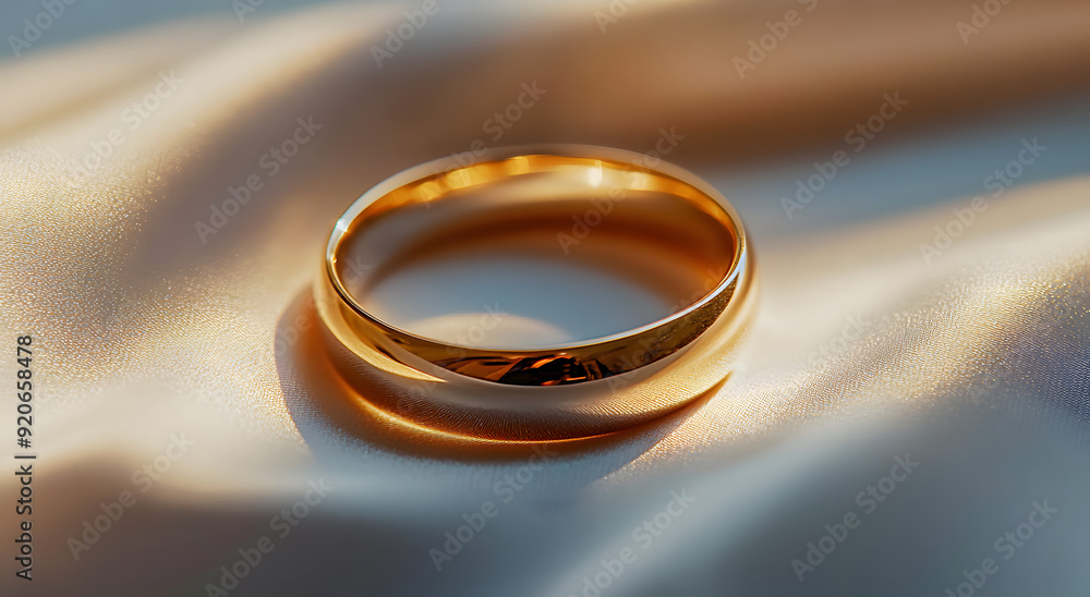 Close Up of a Shiny Gold Wedding Band on Fabric Close Up of a Shiny Gold Wedding Band on Fabric