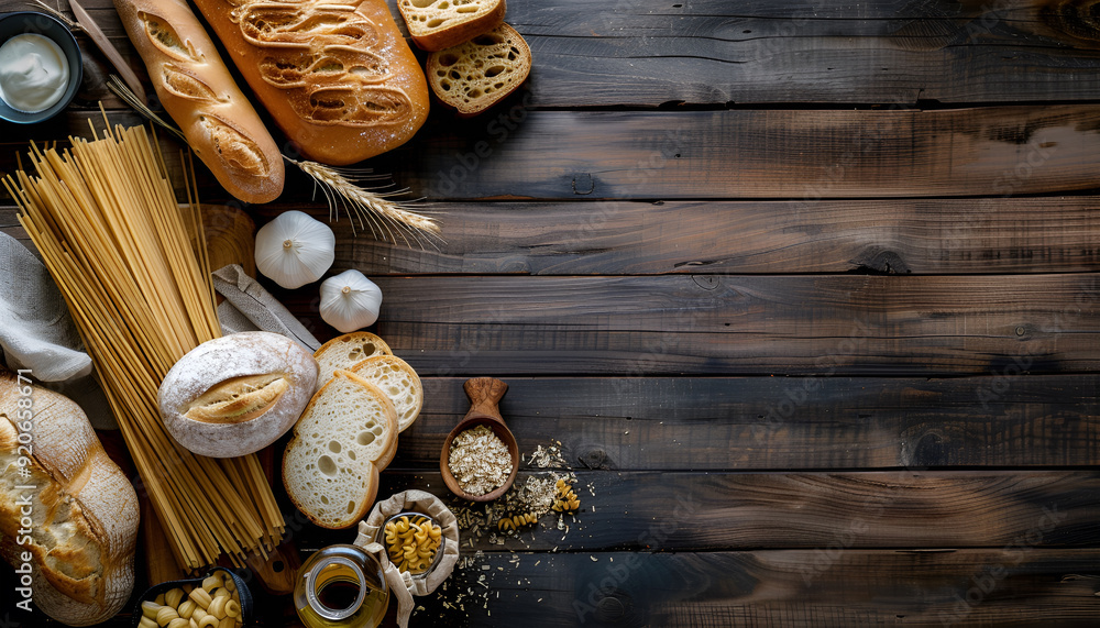 Bakery and pasta products on dark wooden background. Baguette, pasta, dryings bagel, toast bread, crispbreads and bread Bakery and pasta products on dark wooden background. Baguette, pasta, dryings bagel, toast bread, crispbreads and bread