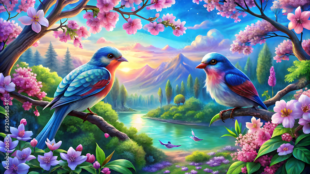 create-an illustration of a serene garden love birds scene create-an illustration of a serene garden love birds scene