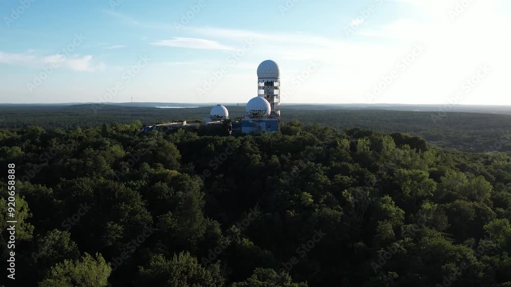 drone aerial view of Teufelsberg radio station in Grunewald Berlin with sunset drone aerial view of Teufelsberg radio station in Grunewald Berlin with sunset