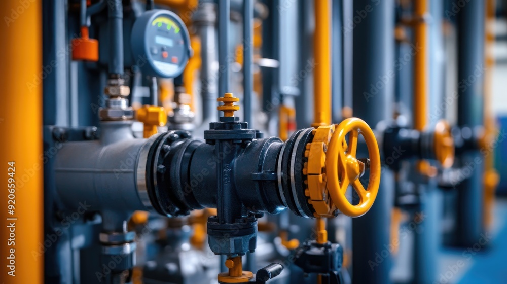 Valve Control Room Mechanical room in an industrial setting, featuring an array of pipes ...