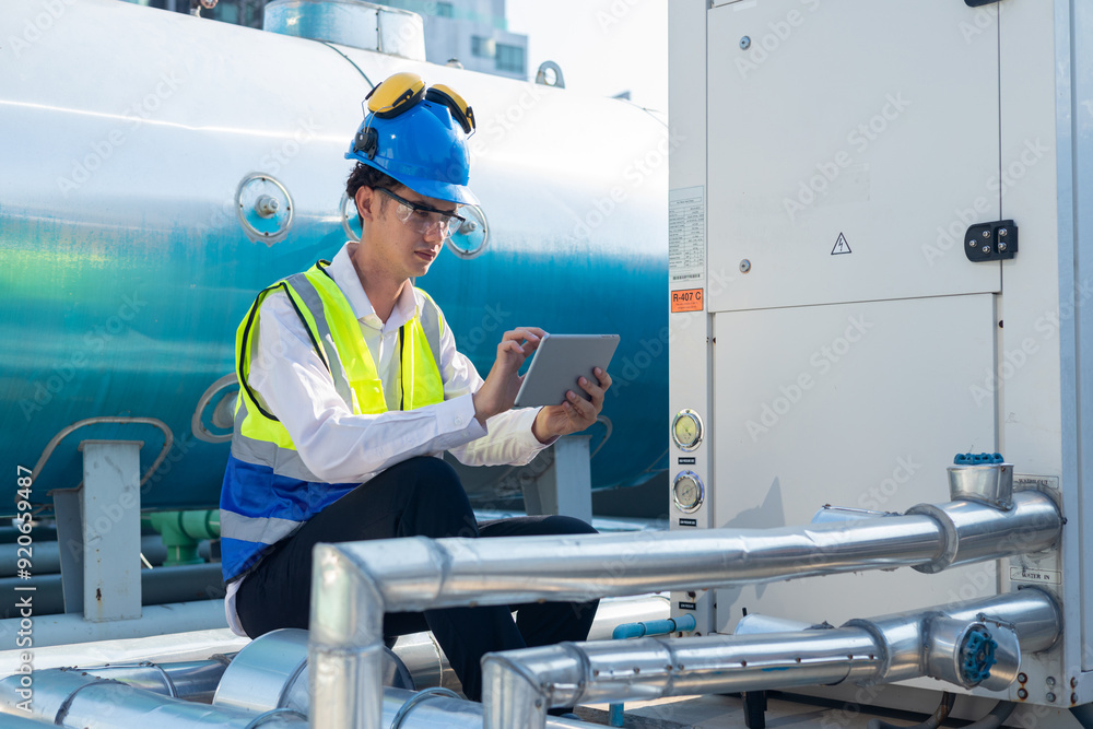 Engineer under industrial inspection Large water heaters are used in high-rise condominiums. Engineer under industrial inspection Large water heaters are used in high-rise condominiums.