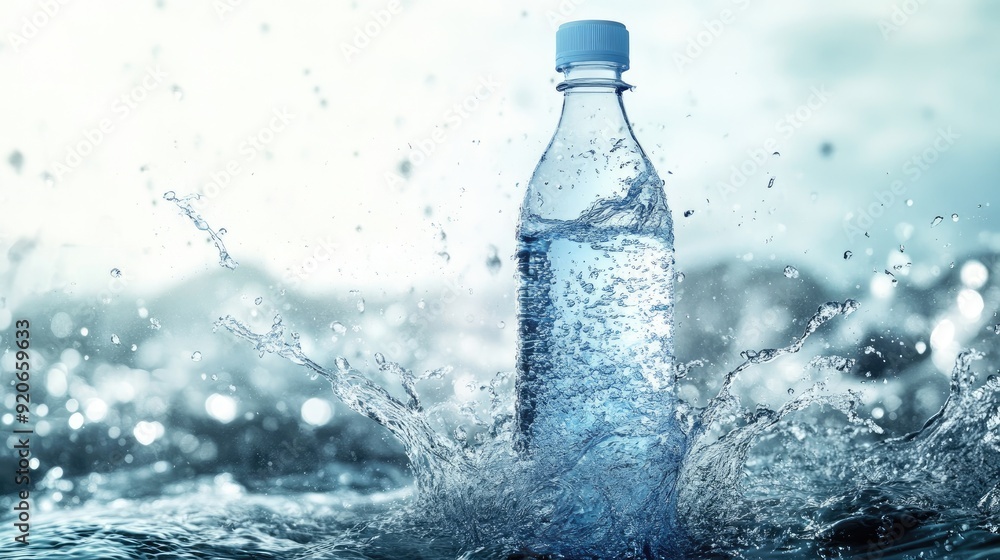 Mineral water bottle with a splash effect, highlighting purity and freshness in a visually striking composition. Mineral water bottle with a splash effect, highlighting purity and freshness in a visually striking composition.