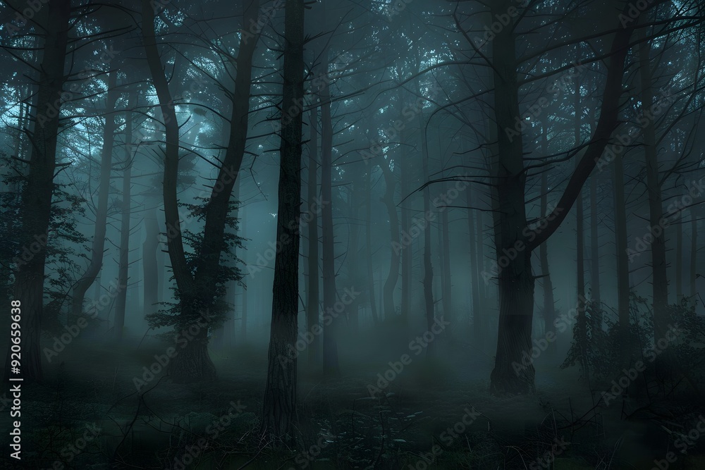 Obraz premium Overcast and Gloomy Rainy Day in a Foggy, Primal Forest
