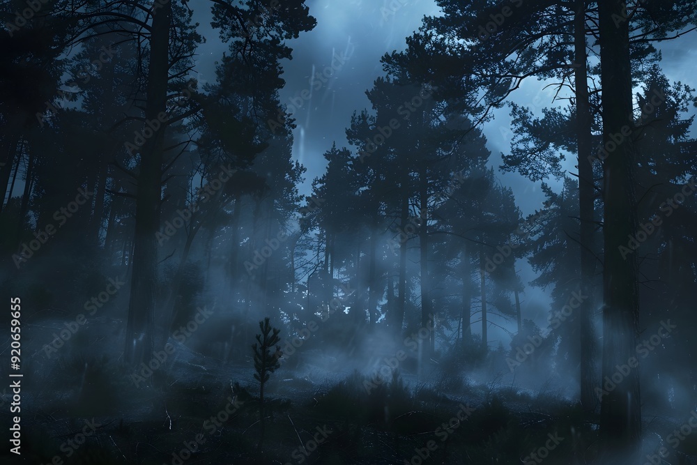 Obraz premium Overcast and Gloomy Rainy Day in a Foggy, Primal Forest