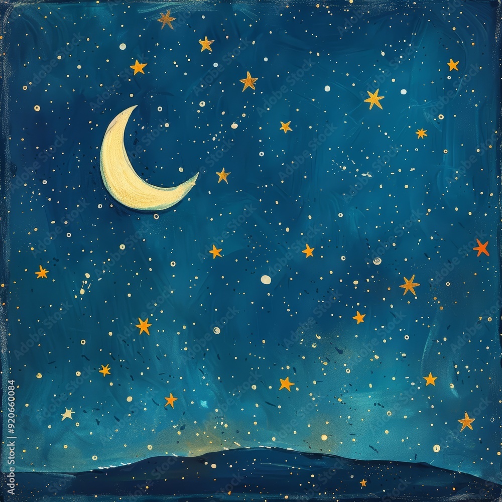Naklejka premium A crescent moon and stars shine brightly in a blue night sky. The scene is painted with a delicate and whimsical style.